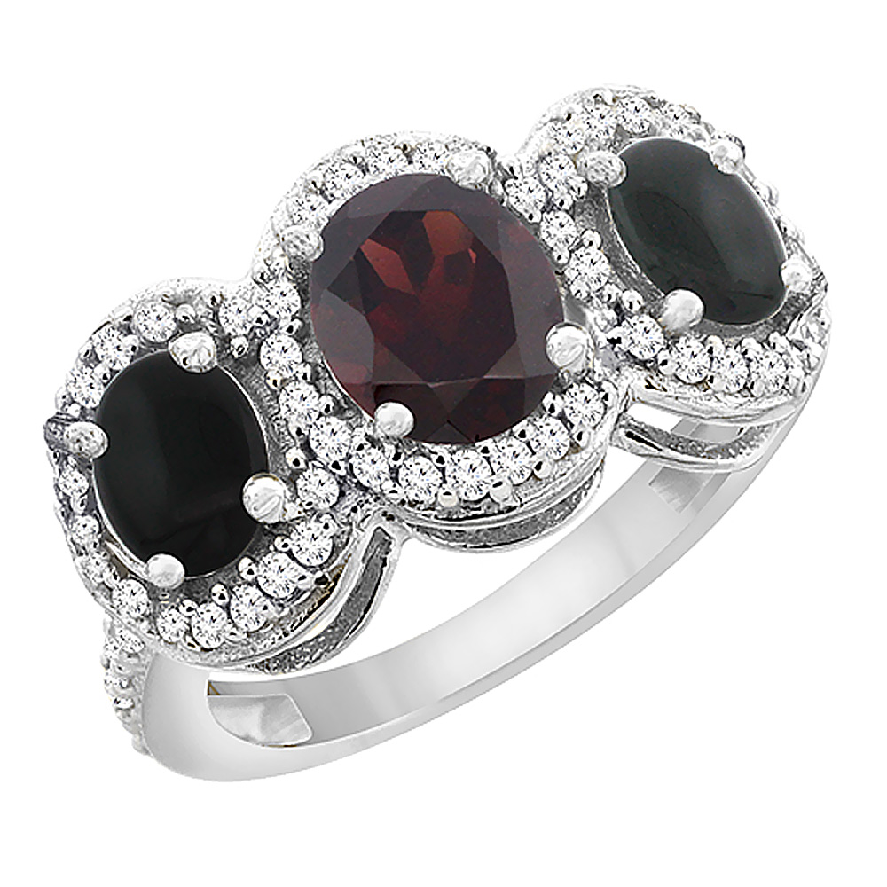 14K White Gold Natural Garnet & Black Onyx 3-Stone Ring Oval Diamond Accent, sizes 5 - 10