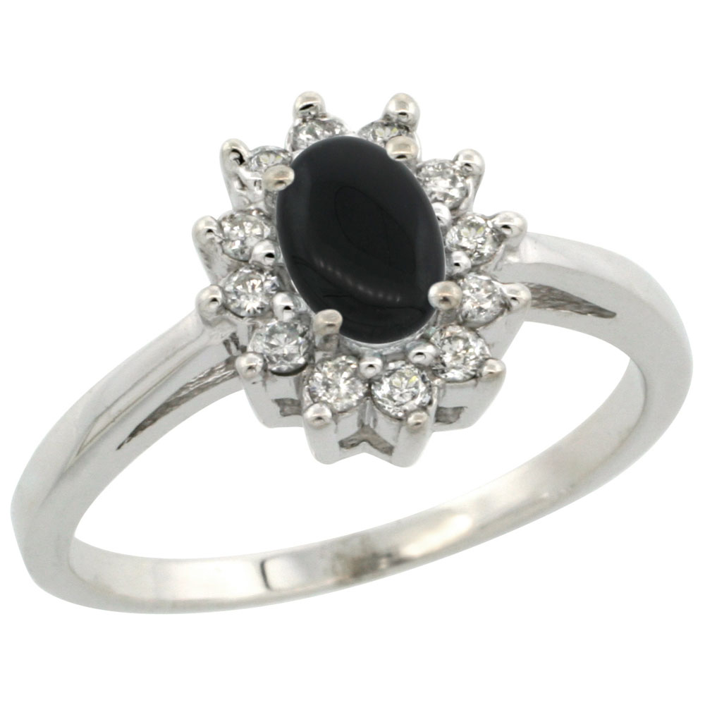 10K White Gold Natural Black Onyx Flower Diamond Halo Ring Oval 6x4 mm, sizes 5 10