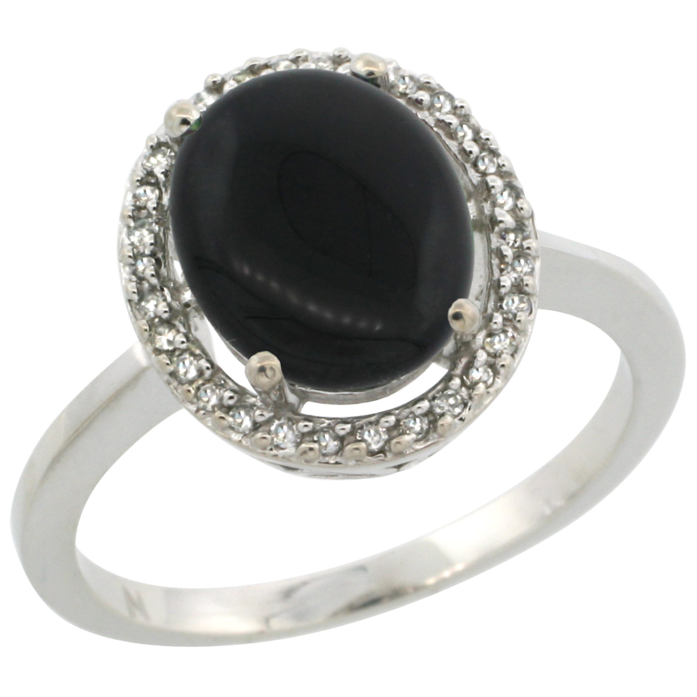 10K White Gold Diamond Halo Natural Black Onyx Engagement Ring Oval 10x8 mm, sizes 5-10