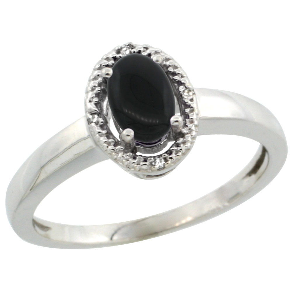 14K White Gold Diamond Halo Natural Black Onyx Engagement Ring Oval 6X4 mm, sizes 5-10