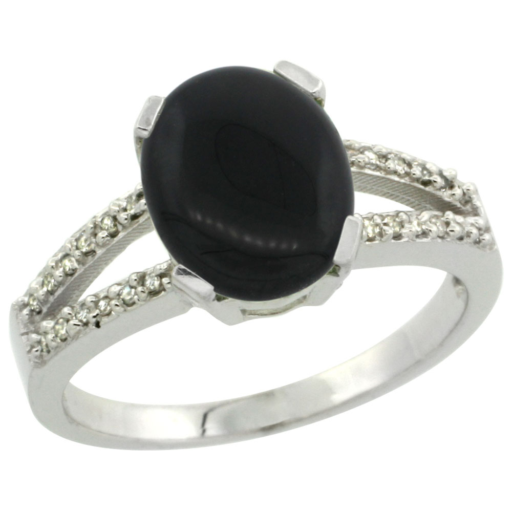 14K White Gold Diamond Natural Black Onyx Engagement Ring Oval 10x8mm, sizes 5-10