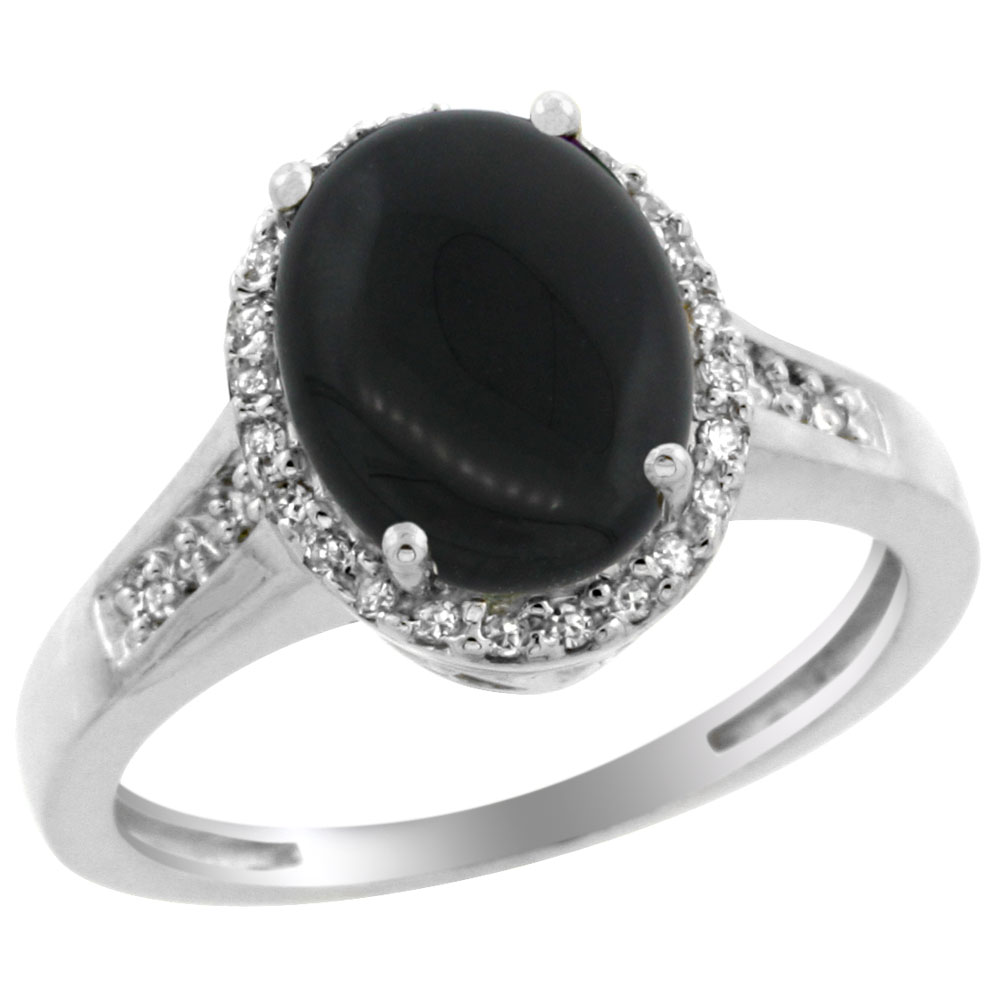 14K White Gold Diamond Natural Black Onyx Engagement Ring Oval 10x8mm, sizes 5-10