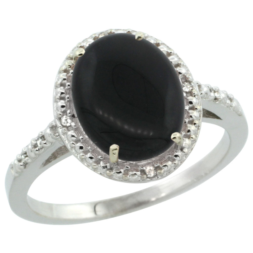 10K White Gold Diamond Natural Black Onyx Engagement Ring Oval 10x8mm, sizes 5-10