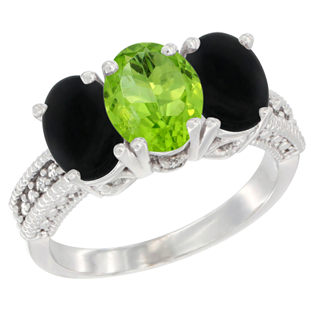 14K White Gold Natural Peridot & Black Onyx Sides Ring 3-Stone 7x5 mm Oval Diamond Accent, sizes 5 - 10