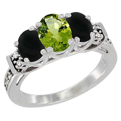 14K White Gold Natural Peridot & Black Onyx Ring 3-Stone Oval Diamond Accent, sizes 5-10