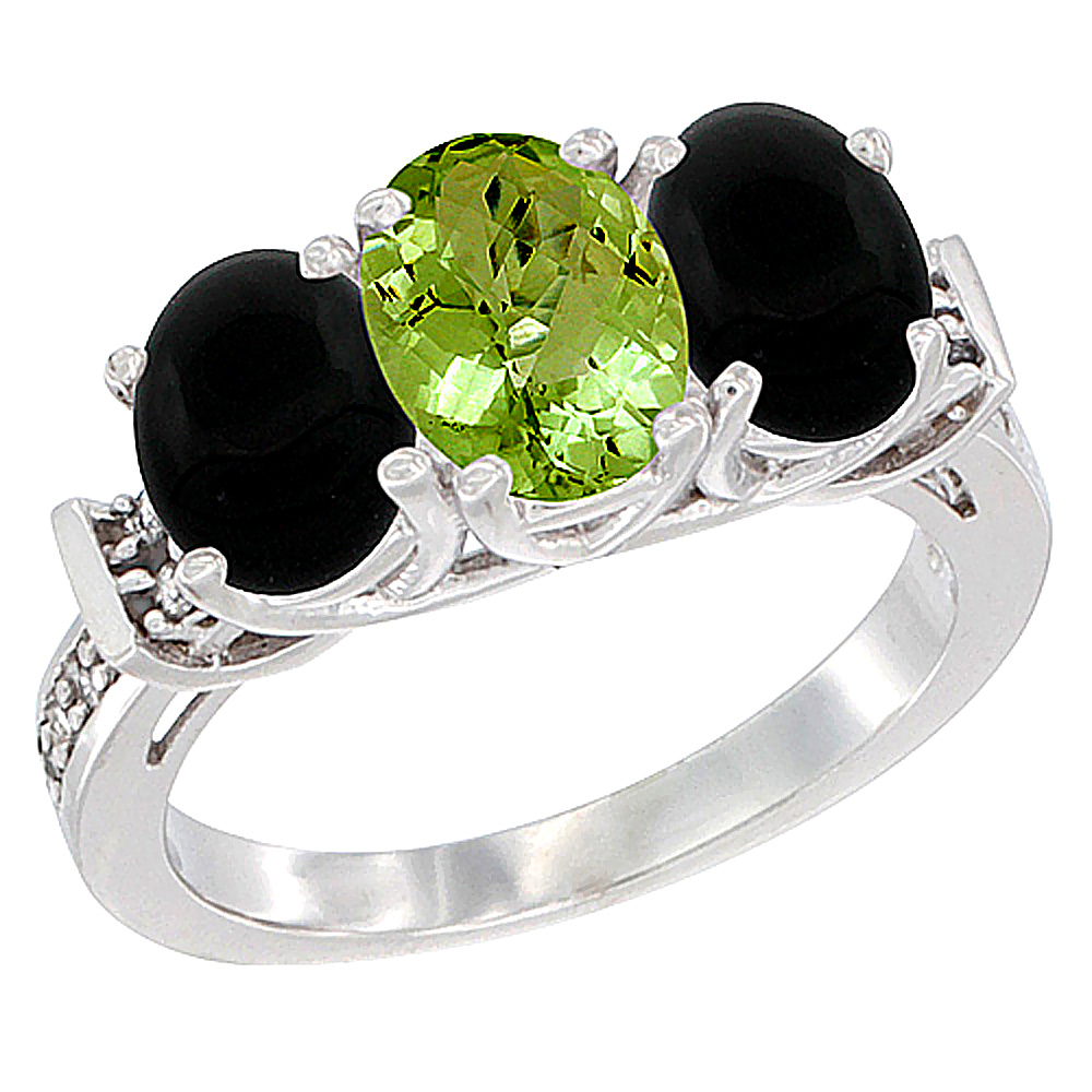 10K White Gold Natural Peridot & Black Onyx Sides Ring 3-Stone Oval Diamond Accent, sizes 5 - 10