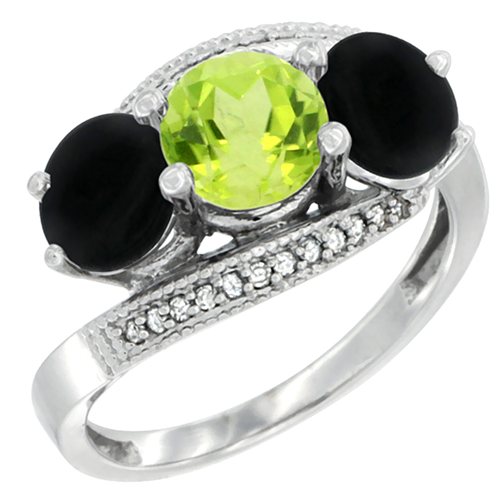 10K White Gold Natural Peridot &amp; Black Onyx Sides 3 stone Ring Round 6mm Diamond Accent, sizes 5 - 10