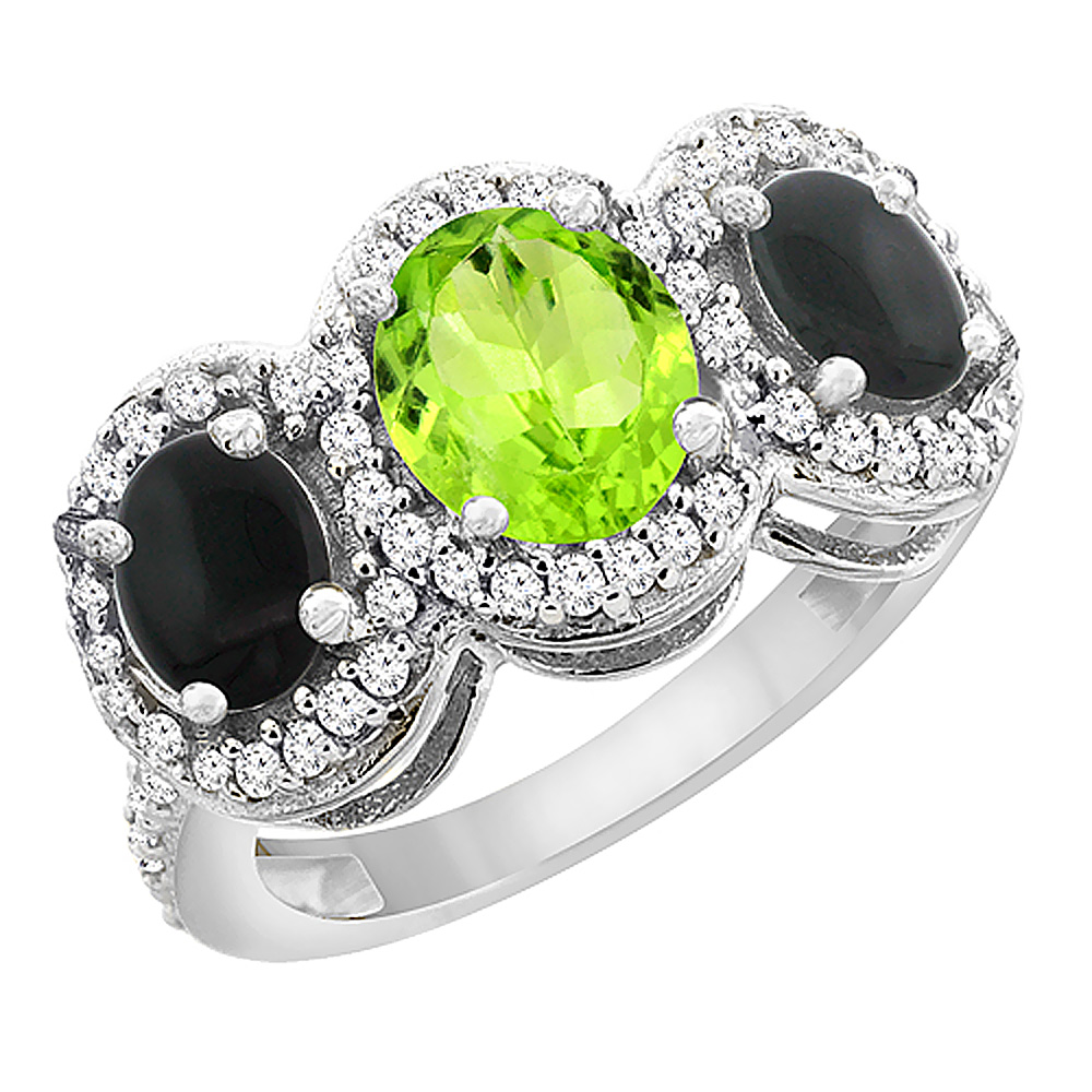 14K White Gold Natural Peridot & Black Onyx 3-Stone Ring Oval Diamond Accent, sizes 5 - 10