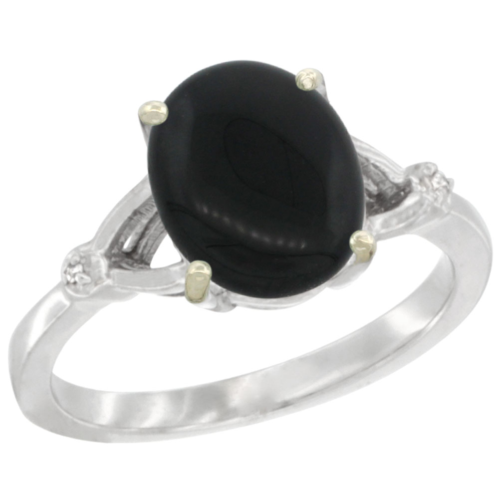 10K White Gold Diamond Natural Black Onyx Engagement Ring Oval 10x8mm, sizes 5-10