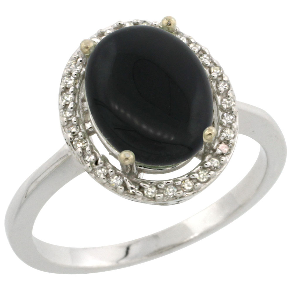 14K White Gold Diamond Natural Black Onyx Engagement Ring Oval 10x8mm, sizes 5-10