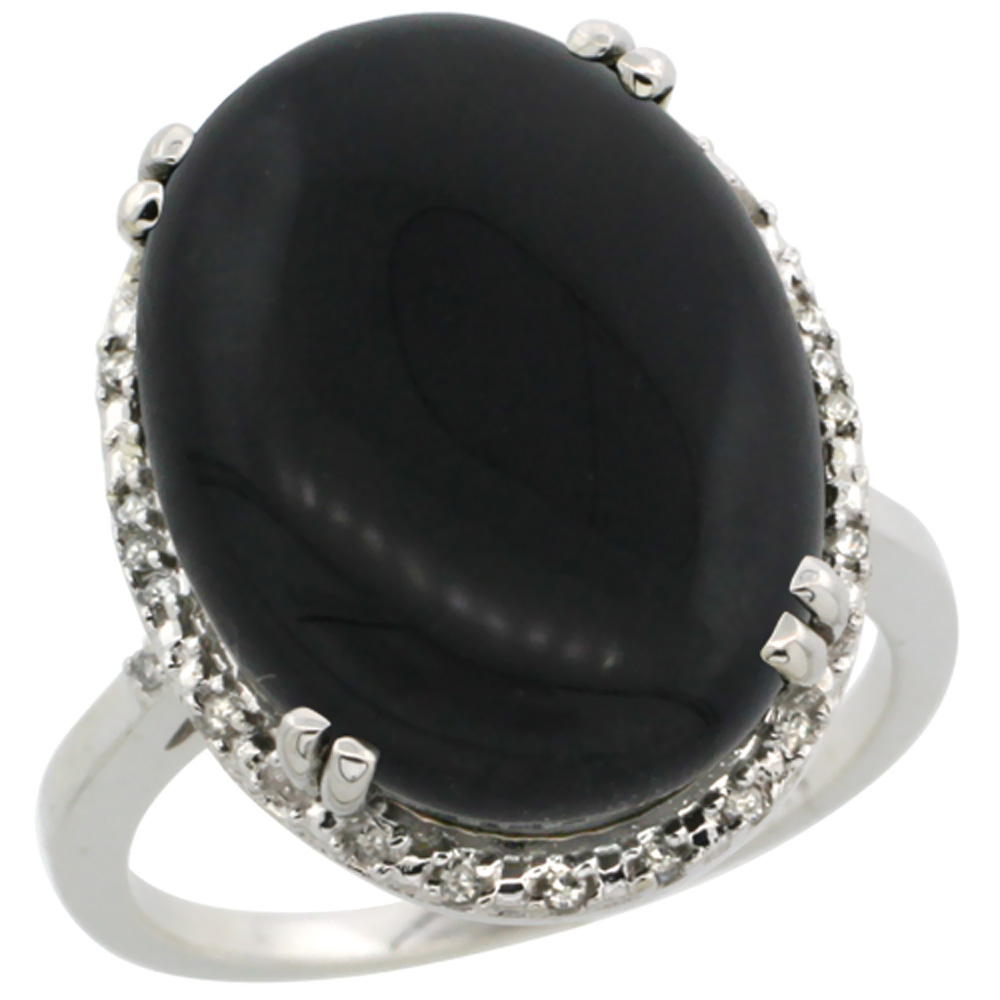 10k White Gold Natural Black Onyx Ring Large Oval 18x13mm Diamond Halo, sizes 5-10