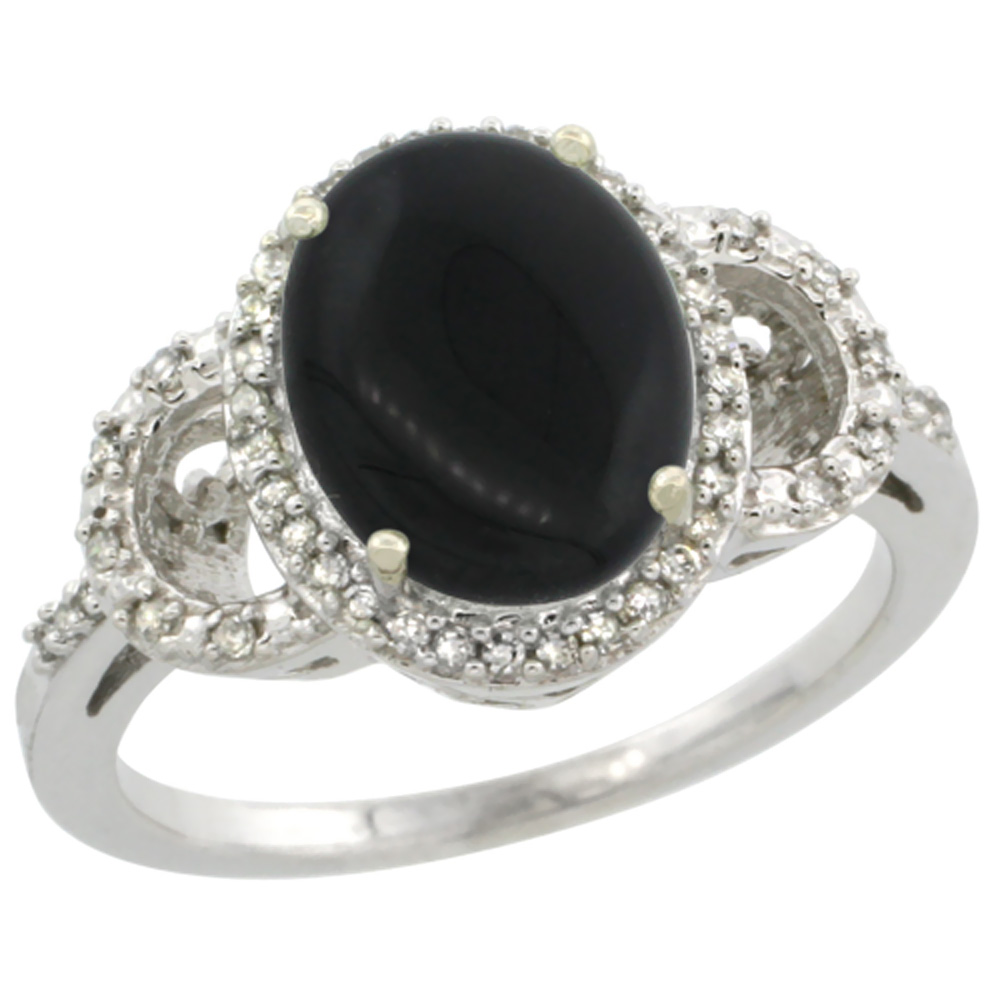 10K White Gold Diamond Natural Black Onyx Engagement Ring Oval 10x8mm, sizes 5-10