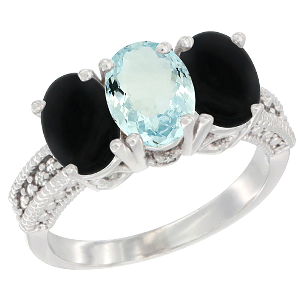 10K White Gold Diamond Natural Aquamarine &amp; Black Onyx Ring 3-Stone 7x5 mm Oval, sizes 5 - 10