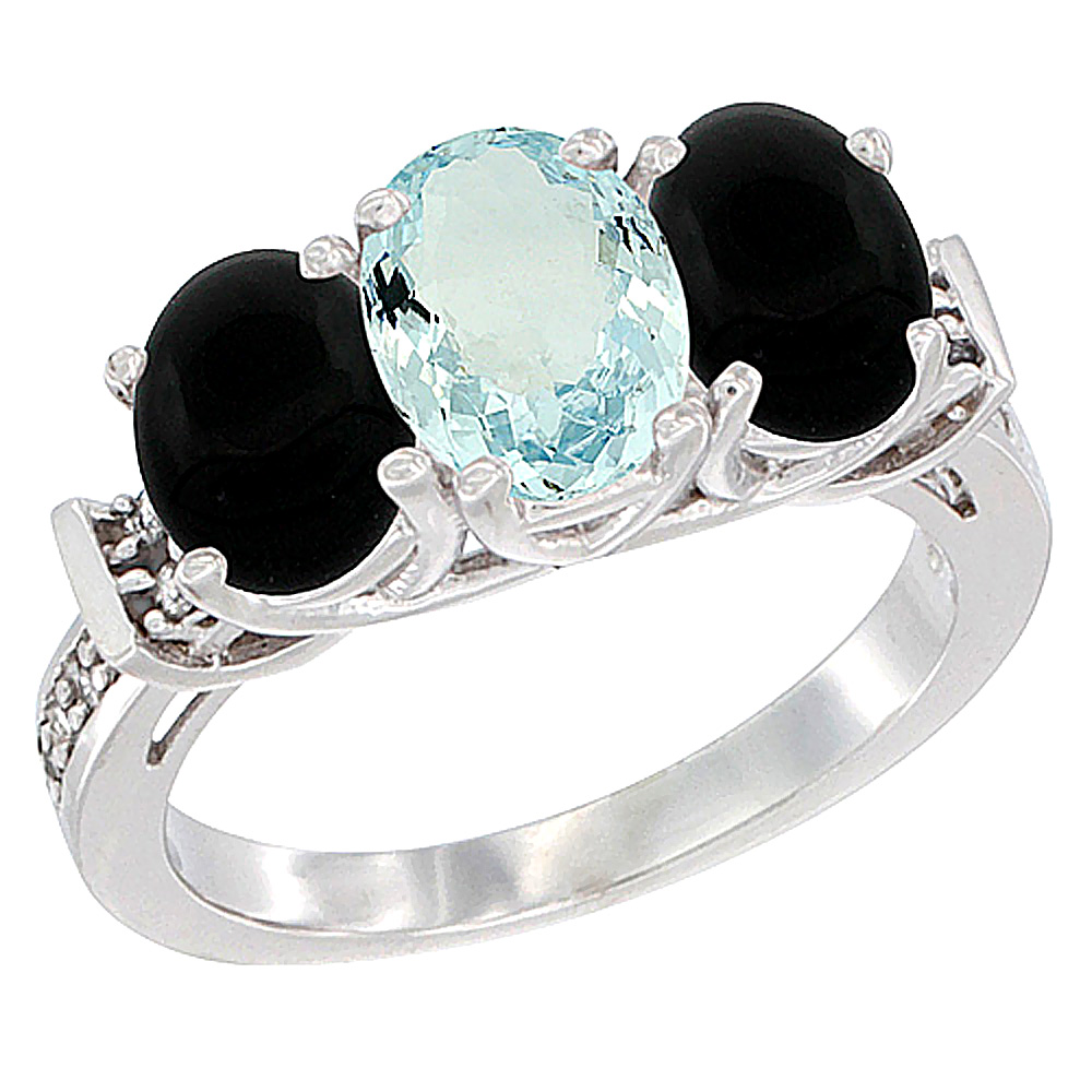 10K White Gold Natural Aquamarine &amp; Black Onyx Sides Ring 3-Stone Oval Diamond Accent, sizes 5 - 10