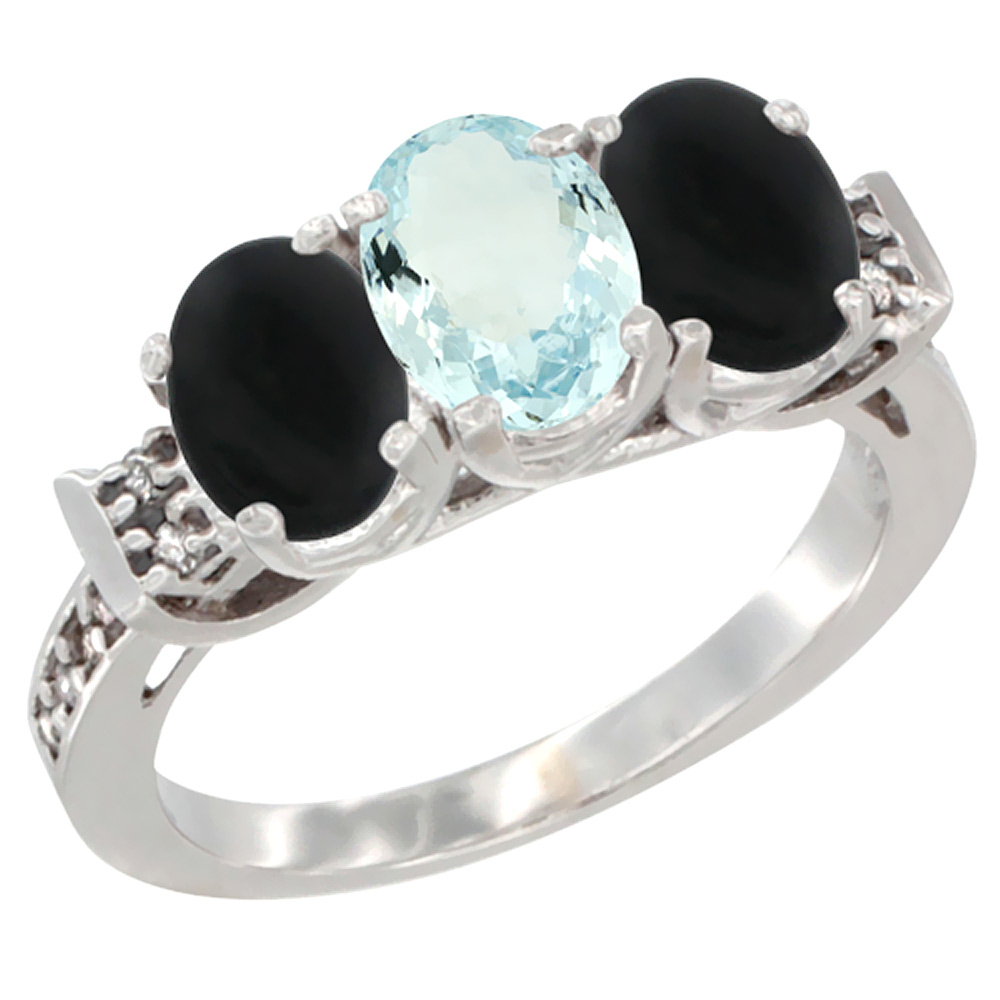 10K White Gold Natural Aquamarine & Black Onyx Sides Ring 3-Stone Oval 7x5 mm Diamond Accent, sizes 5 - 10