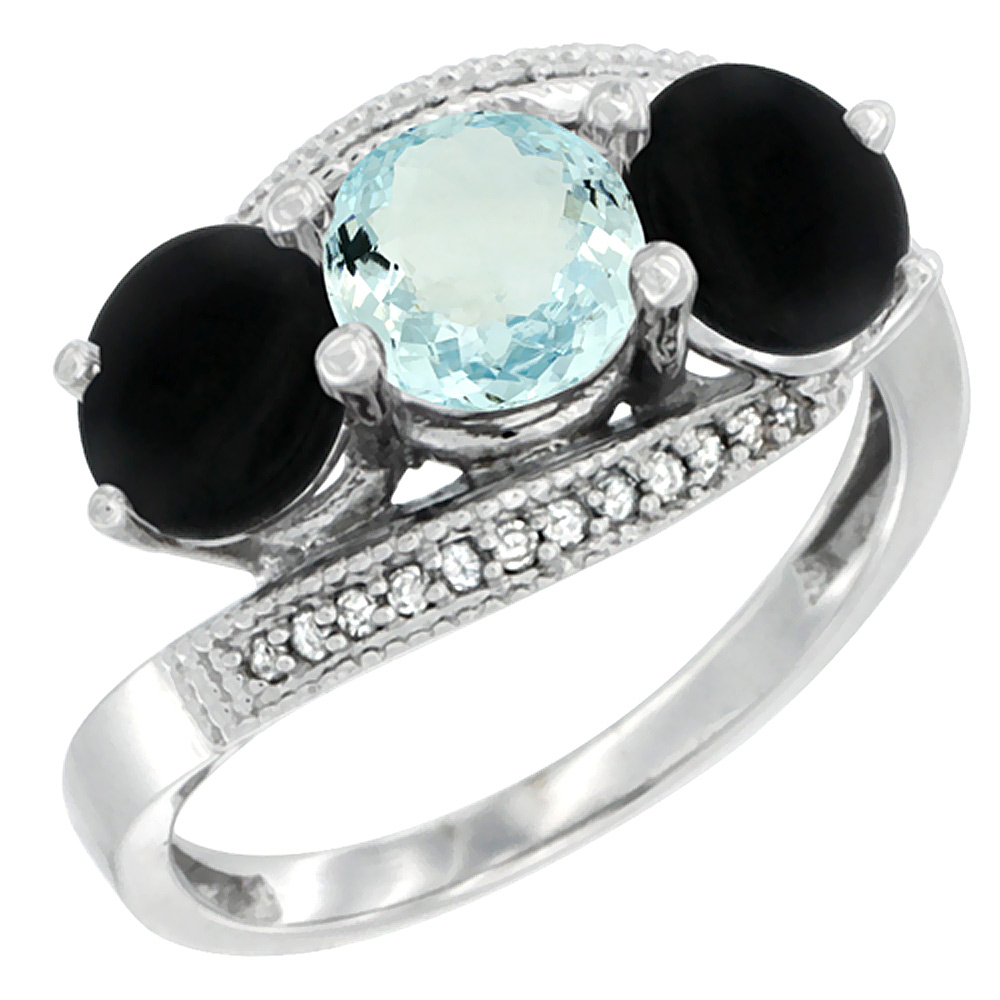 10K White Gold Natural Aquamarine &amp; Black Onyx Sides 3 stone Ring Round 6mm Diamond Accent, sizes 5 - 10