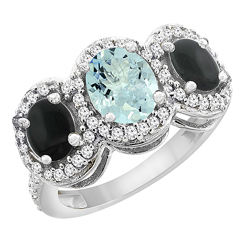 10K White Gold Natural Aquamarine &amp; Black Onyx 3-Stone Ring Oval Diamond Accent, sizes 5 - 10