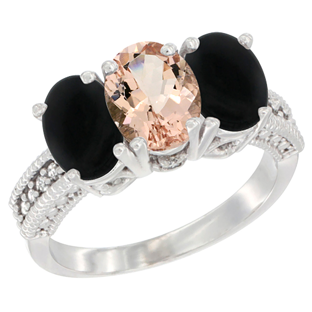 14K White Gold Natural Morganite & Black Onyx Sides Ring 3-Stone 7x5 mm Oval Diamond Accent, sizes 5 - 10