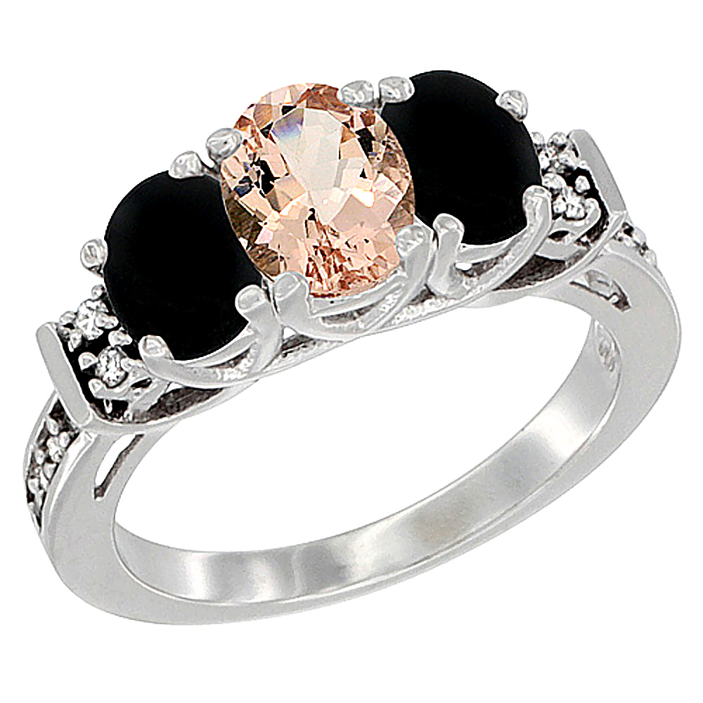 10K White Gold Natural Morganite & Black Onyx Ring 3-Stone Oval Diamond Accent, sizes 5-10