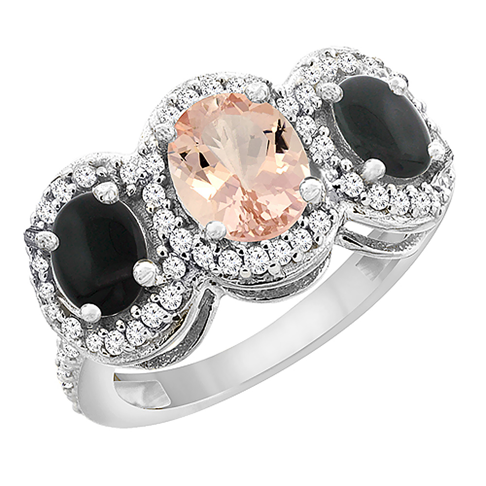 14K White Gold Natural Morganite &amp; Black Onyx 3-Stone Ring Oval Diamond Accent, sizes 5 - 10