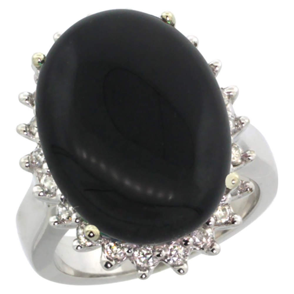 10k White Gold Diamond Halo Natural Black Onyx Ring Large Oval 18x13mm, sizes 5-10