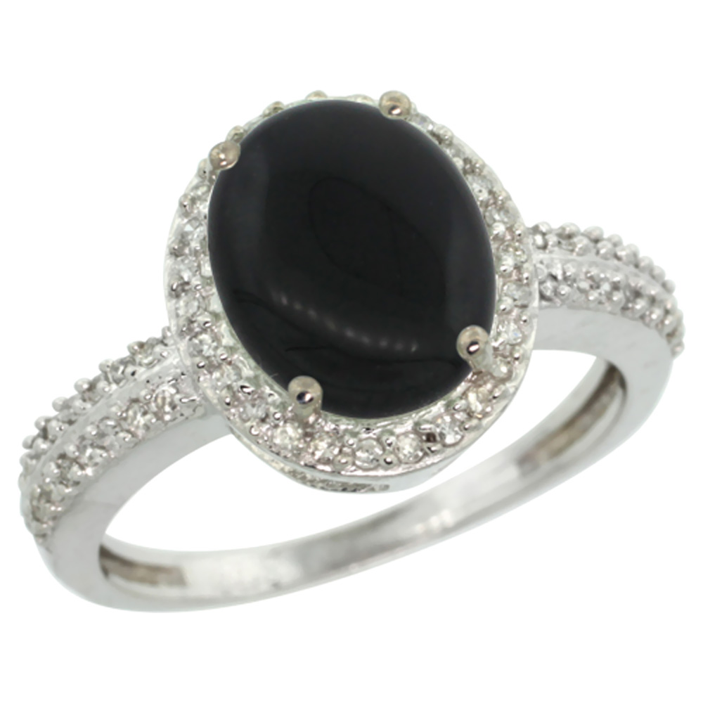 10K White Gold Diamond Natural Black Onyx Engagement Ring Oval 10x8mm, sizes 5-10