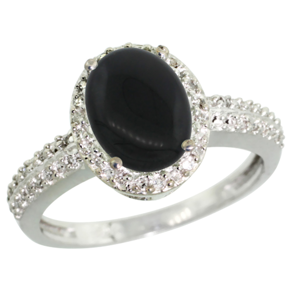 14K White Gold Diamond Natural Black Onyx Ring Oval 9x7mm, sizes 5-10