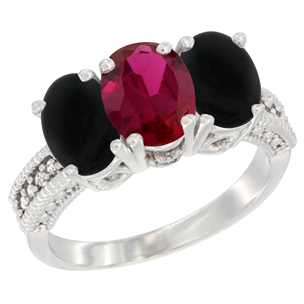 10K White Gold Diamond Enhanced Ruby & Natural Black Onyx Ring 3-Stone 7x5 mm Oval, sizes 5 - 10