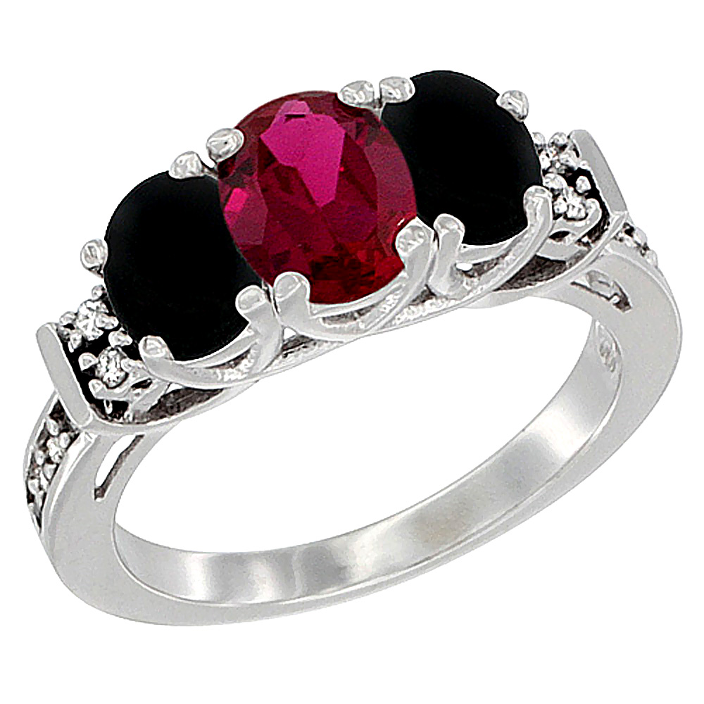 14K White Gold Enhanced Ruby & Natural Black Onyx Ring 3-Stone Oval Diamond Accent, sizes 5-10