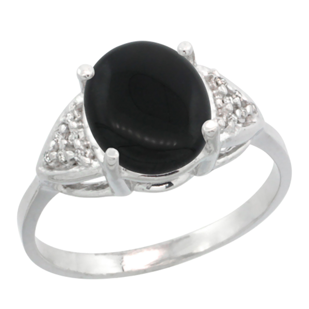 10K White Gold Diamond Natural Black Onyx Engagement Ring Oval 10x8mm, sizes 5-10