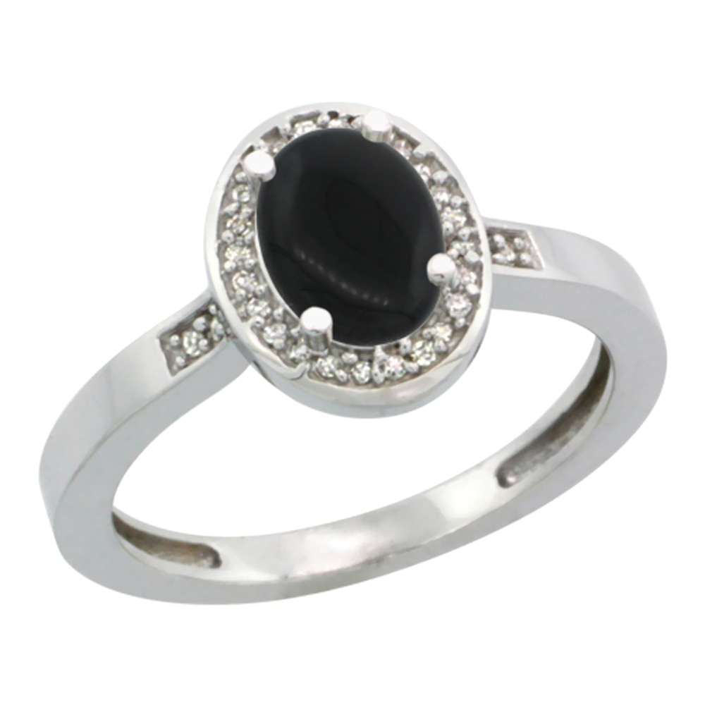 14K White Gold Diamond Natural Black Onyx Engagement Ring Oval 7x5mm, sizes 5-10