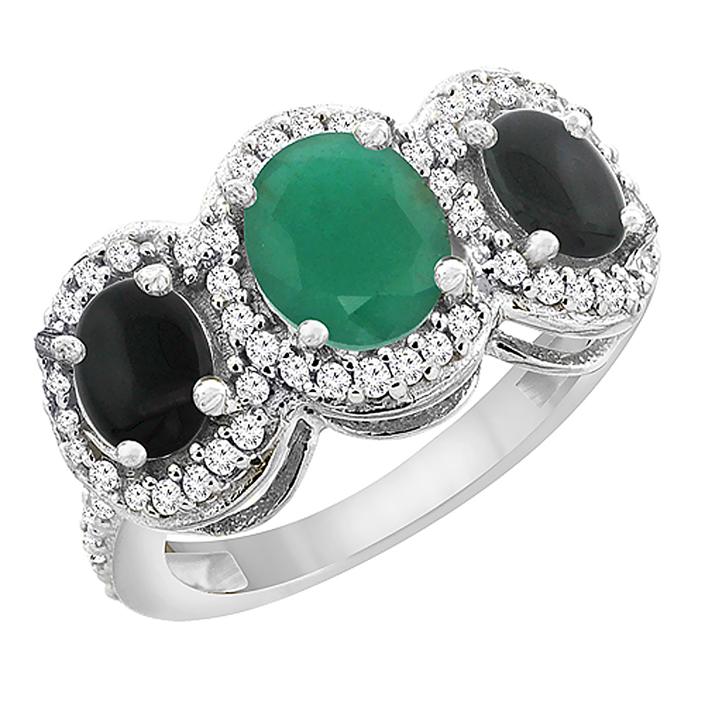 14K White Gold Natural Cabochon Emerald &amp; Black Onyx 3-Stone Ring Oval Diamond Accent, sizes 5 - 10