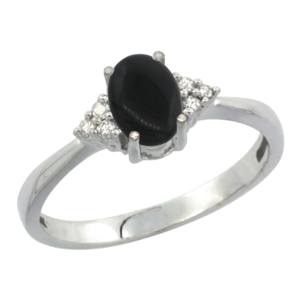 14K White Gold Diamond Natural Black Onyx Engagement Ring Oval 7x5mm, sizes 5-10