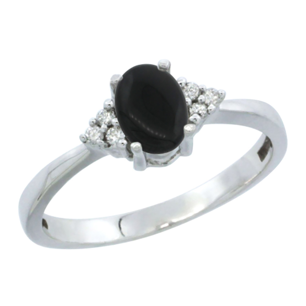 10K White Gold Natural Black Onyx Ring Oval 6x4mm Diamond Accent, sizes 5-10