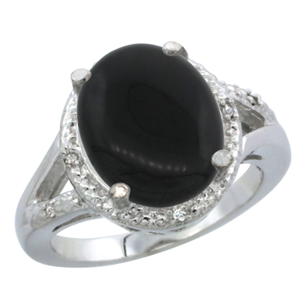 10K White Gold Natural Onyx Ring Oval 12x10mm Diamond Accent, sizes 5-10