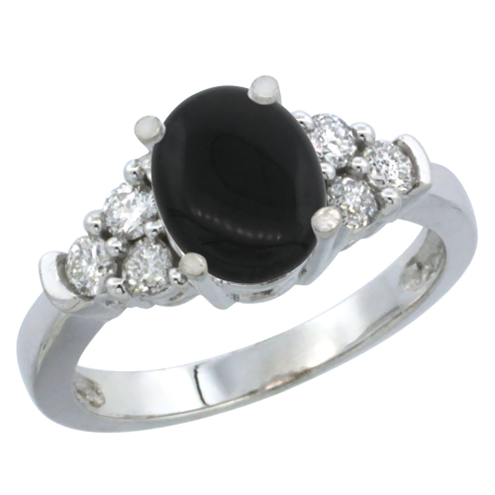 10K White Gold Natural Black Onyx Ring Oval 9x7mm Diamond Accent, sizes 5-10