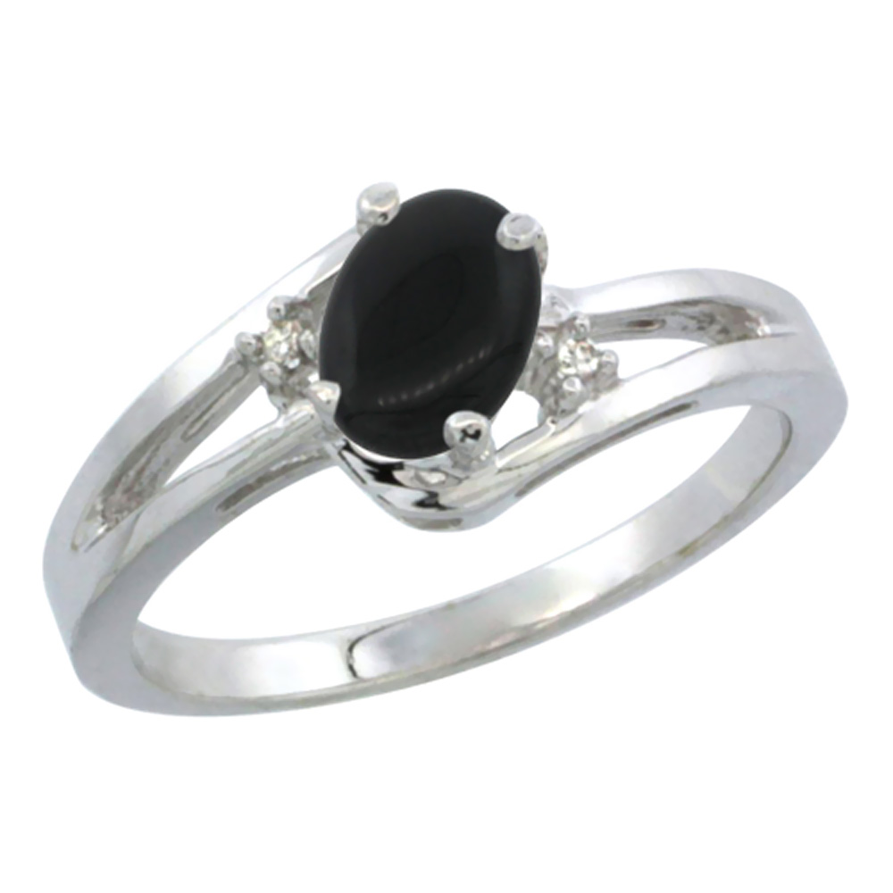 10K White Gold Diamond Natural Black Onyx Ring Oval 6x4 mm, sizes 5-10