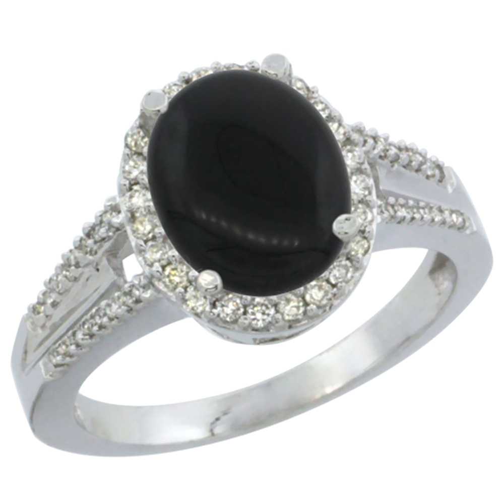 10K White Gold Diamond Natural Black Onyx Engagement Ring Oval 10x8mm, sizes 5-10