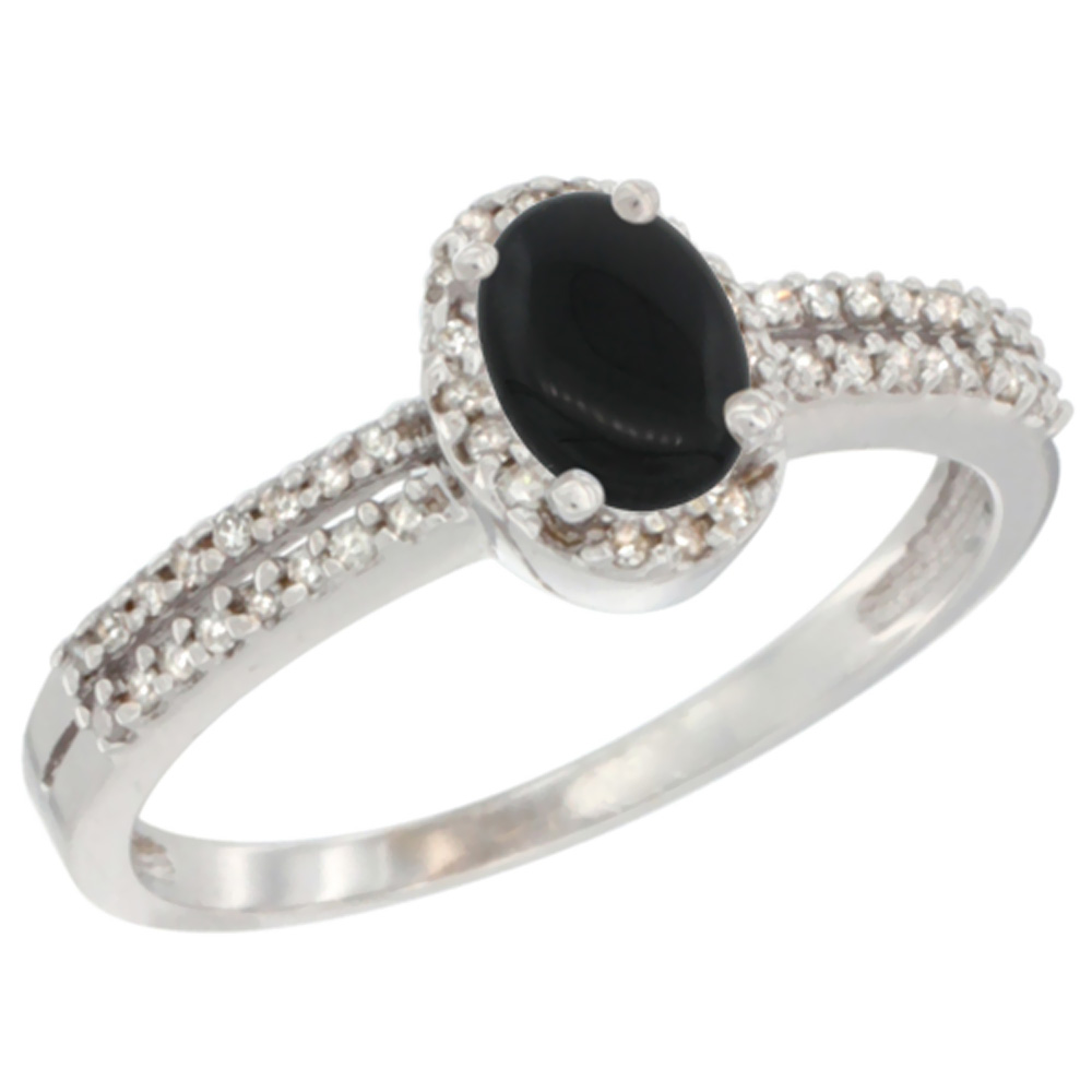 14K White Gold Natural Black Onyx Ring Oval 6x4mm Diamond Accent, sizes 5-10