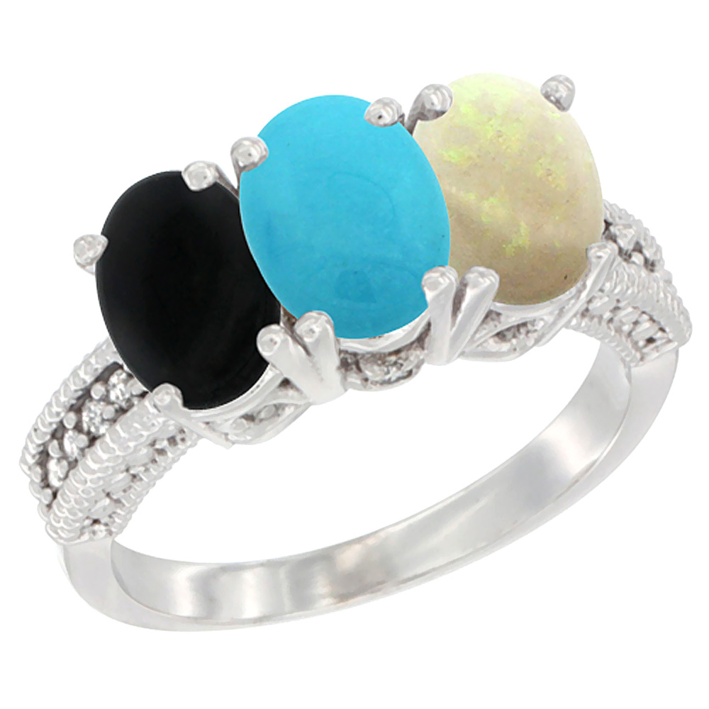 10K White Gold Diamond Natural Black Onyx, Turquoise &amp; Opal Ring 3-Stone 7x5 mm Oval, sizes 5 - 10