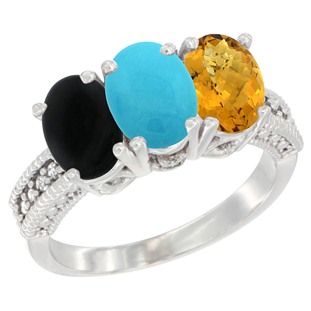 14K White Gold Natural Black Onyx, Turquoise & Whisky Quartz Ring 3-Stone 7x5 mm Oval Diamond Accent, sizes 5 - 10