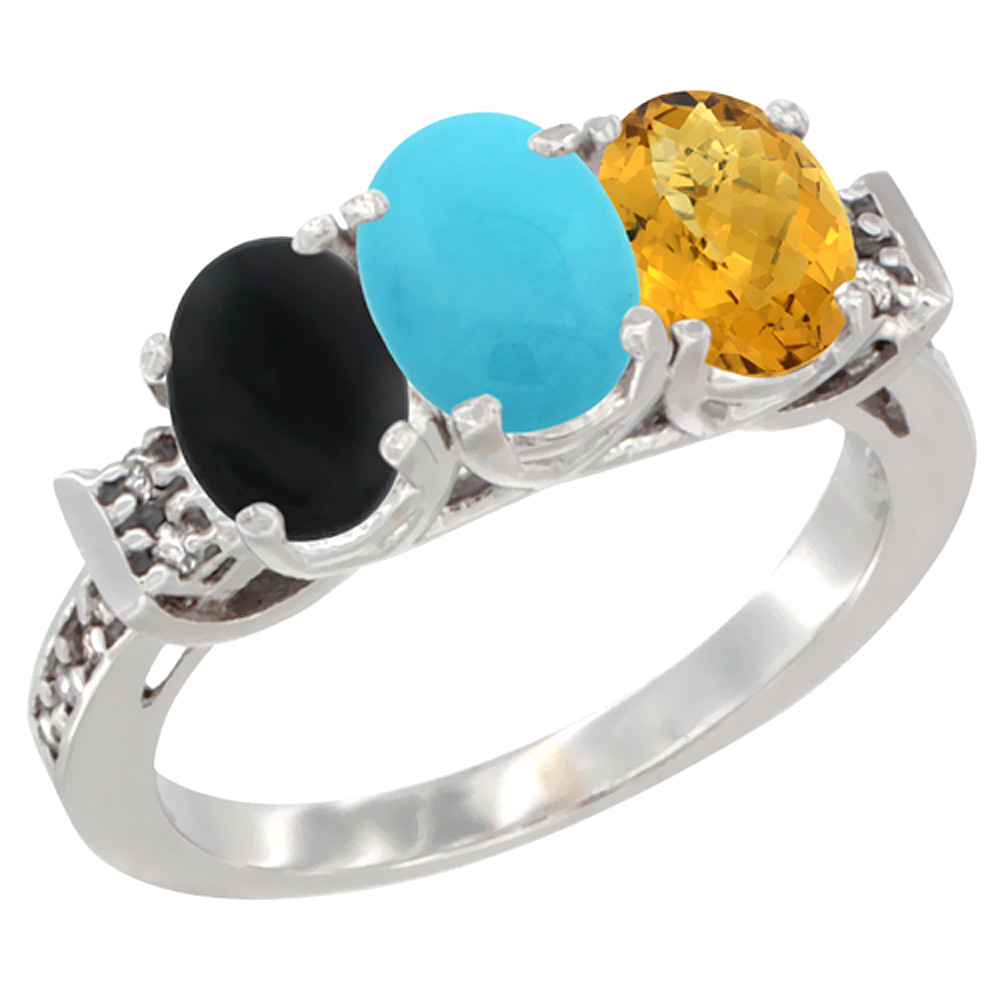 14K White Gold Natural Black Onyx, Turquoise & Whisky Quartz Ring 3-Stone Oval 7x5 mm Diamond Accent, sizes 5 - 10