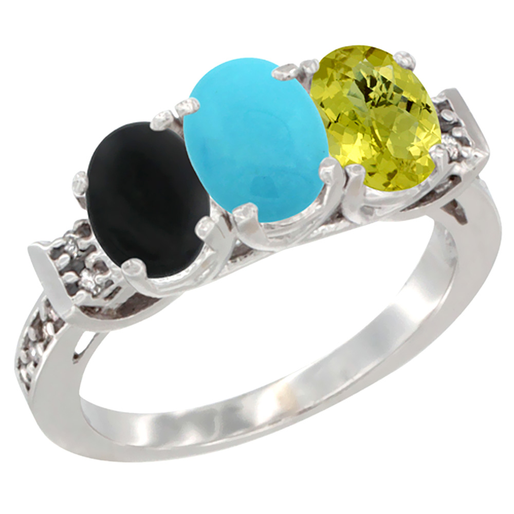 14K White Gold Natural Black Onyx, Turquoise &amp; Lemon Quartz Ring 3-Stone Oval 7x5 mm Diamond Accent, sizes 5 - 10