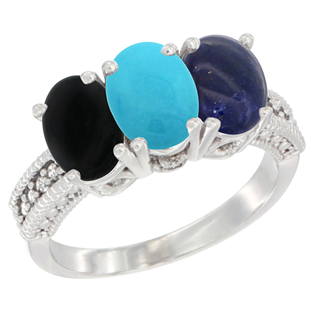 14K White Gold Natural Black Onyx, Turquoise & Lapis Ring 3-Stone 7x5 mm Oval Diamond Accent, sizes 5 - 10