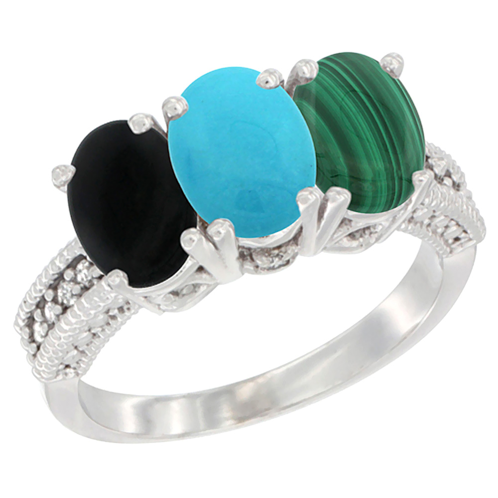 14K White Gold Natural Black Onyx, Turquoise & Malachite Ring 3-Stone 7x5 mm Oval Diamond Accent, sizes 5 - 10