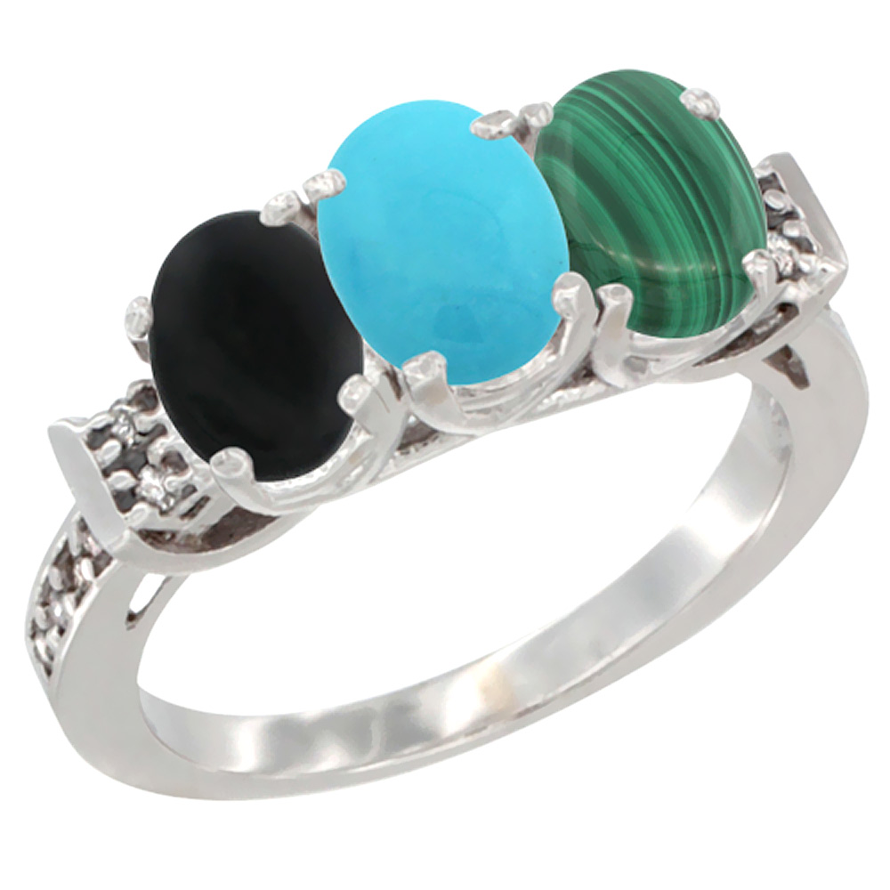 14K White Gold Natural Black Onyx, Turquoise & Malachite Ring 3-Stone Oval 7x5 mm Diamond Accent, sizes 5 - 10