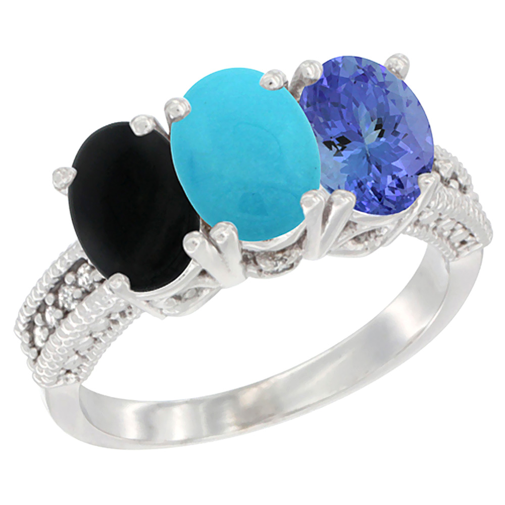 14K White Gold Natural Black Onyx, Turquoise &amp; Tanzanite Ring 3-Stone 7x5 mm Oval Diamond Accent, sizes 5 - 10