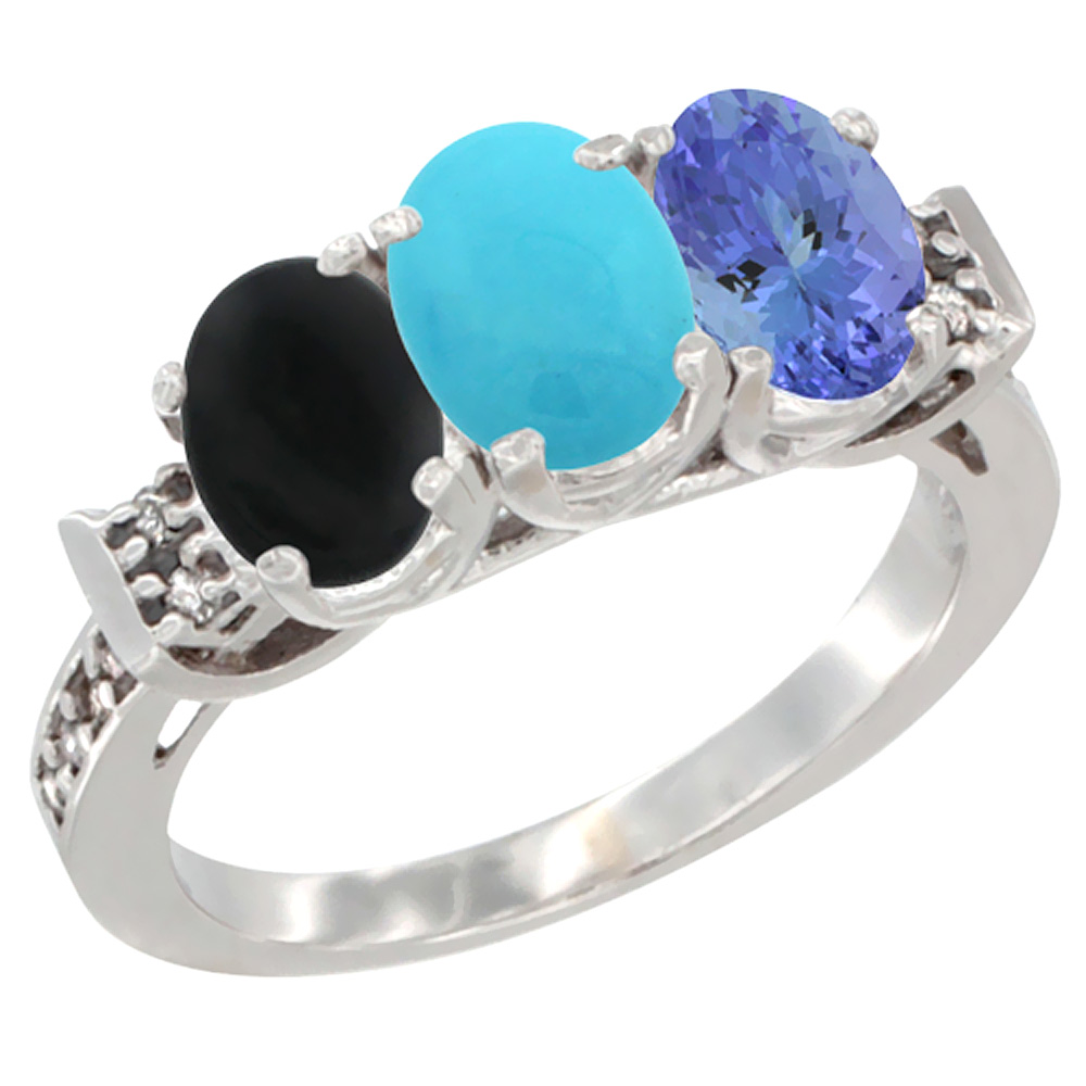 14K White Gold Natural Black Onyx, Turquoise & Tanzanite Ring 3-Stone Oval 7x5 mm Diamond Accent, sizes 5 - 10