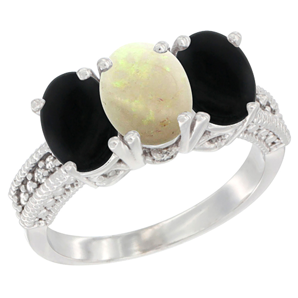 10K White Gold Diamond Natural Opal & Black Onyx Ring 3-Stone 7x5 mm Oval, sizes 5 - 10