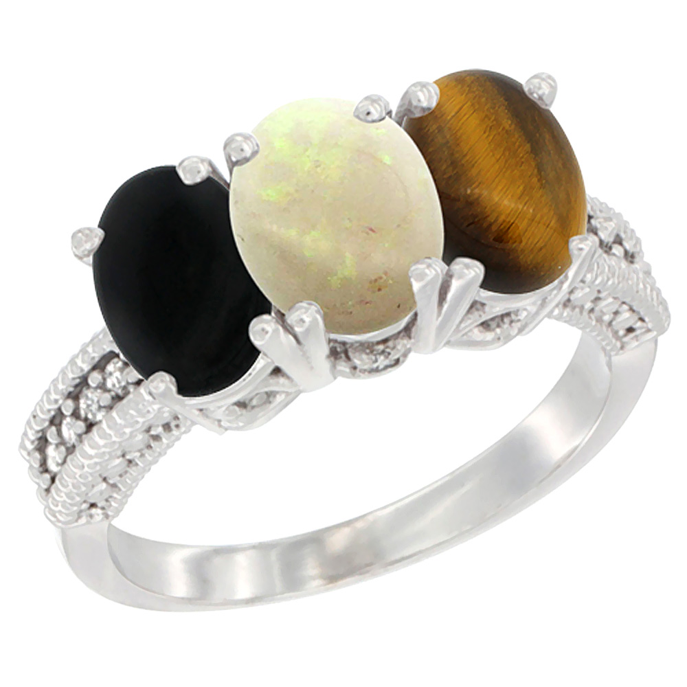 10K White Gold Diamond Natural Black Onyx, Opal &amp; Tiger Eye Ring 3-Stone 7x5 mm Oval, sizes 5 - 10